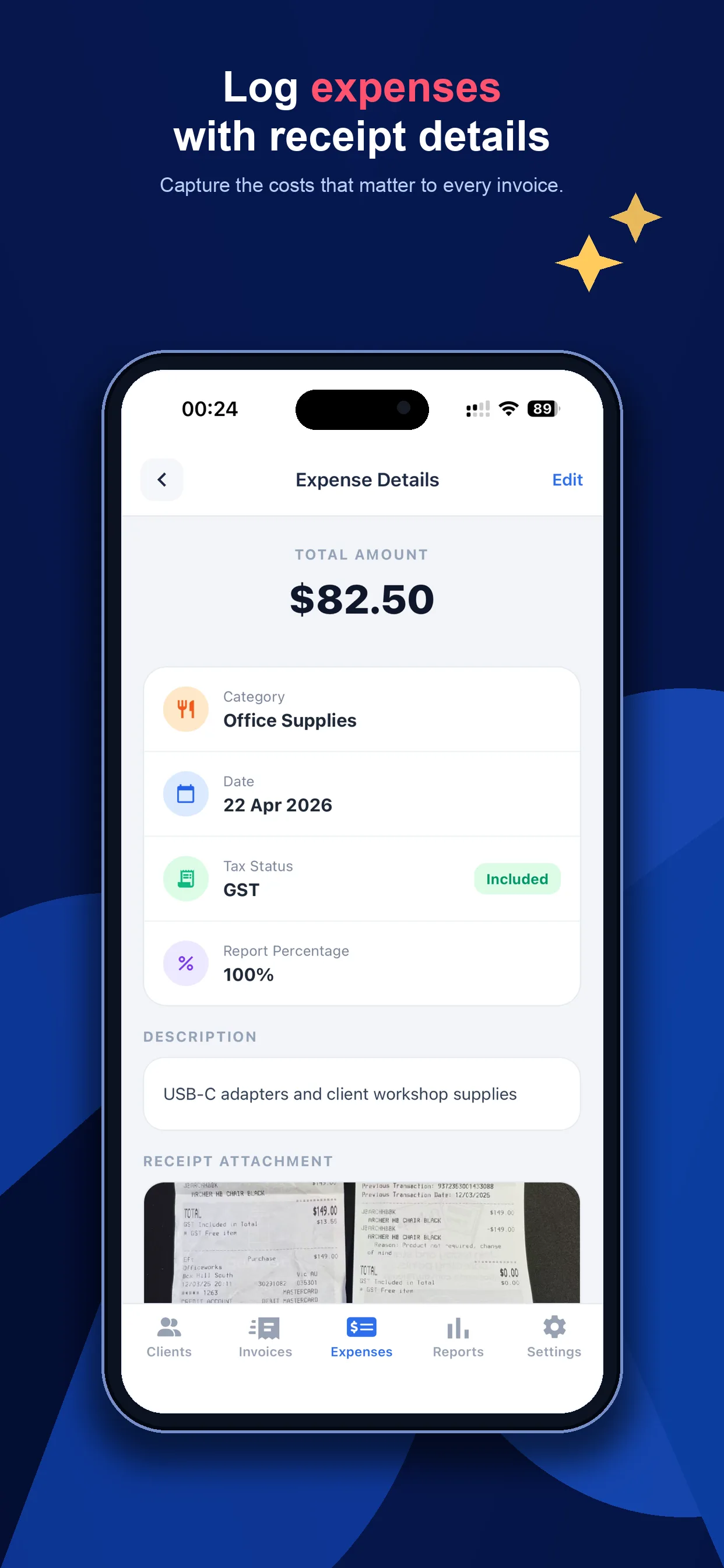 Receipt and expense tracking screen in InvoiceMate app for Australian sole traders