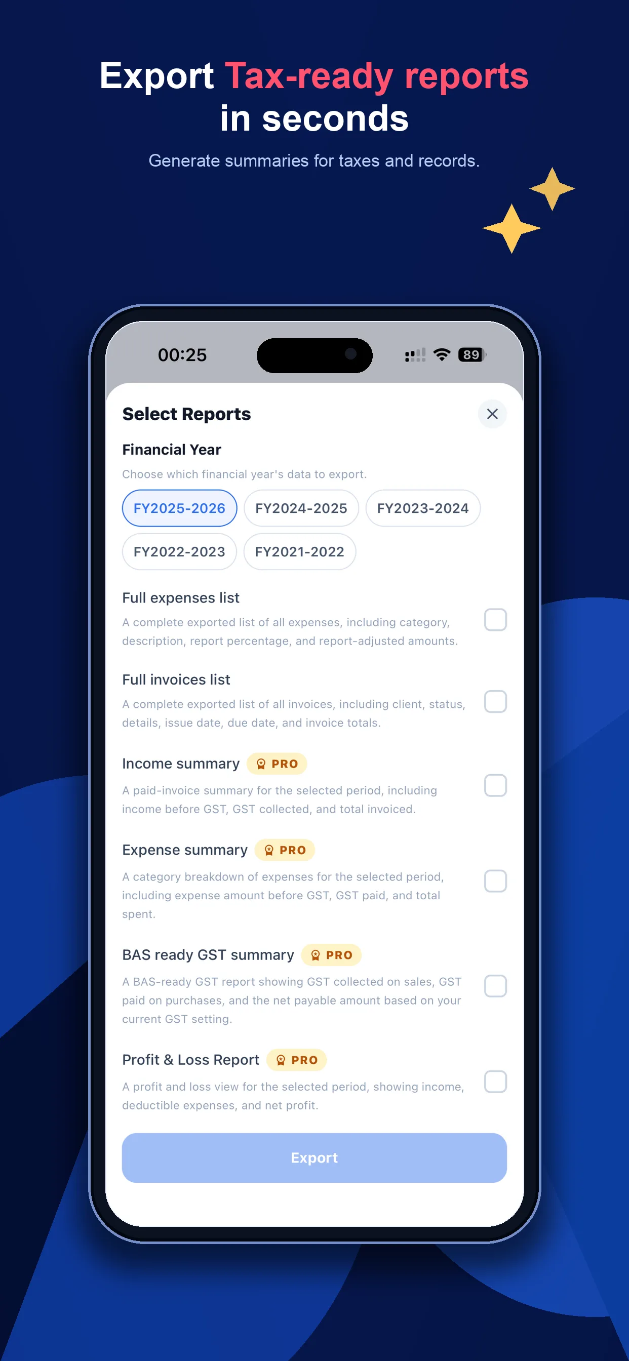 BAS-ready report export screen in InvoiceMate app for Australian sole traders