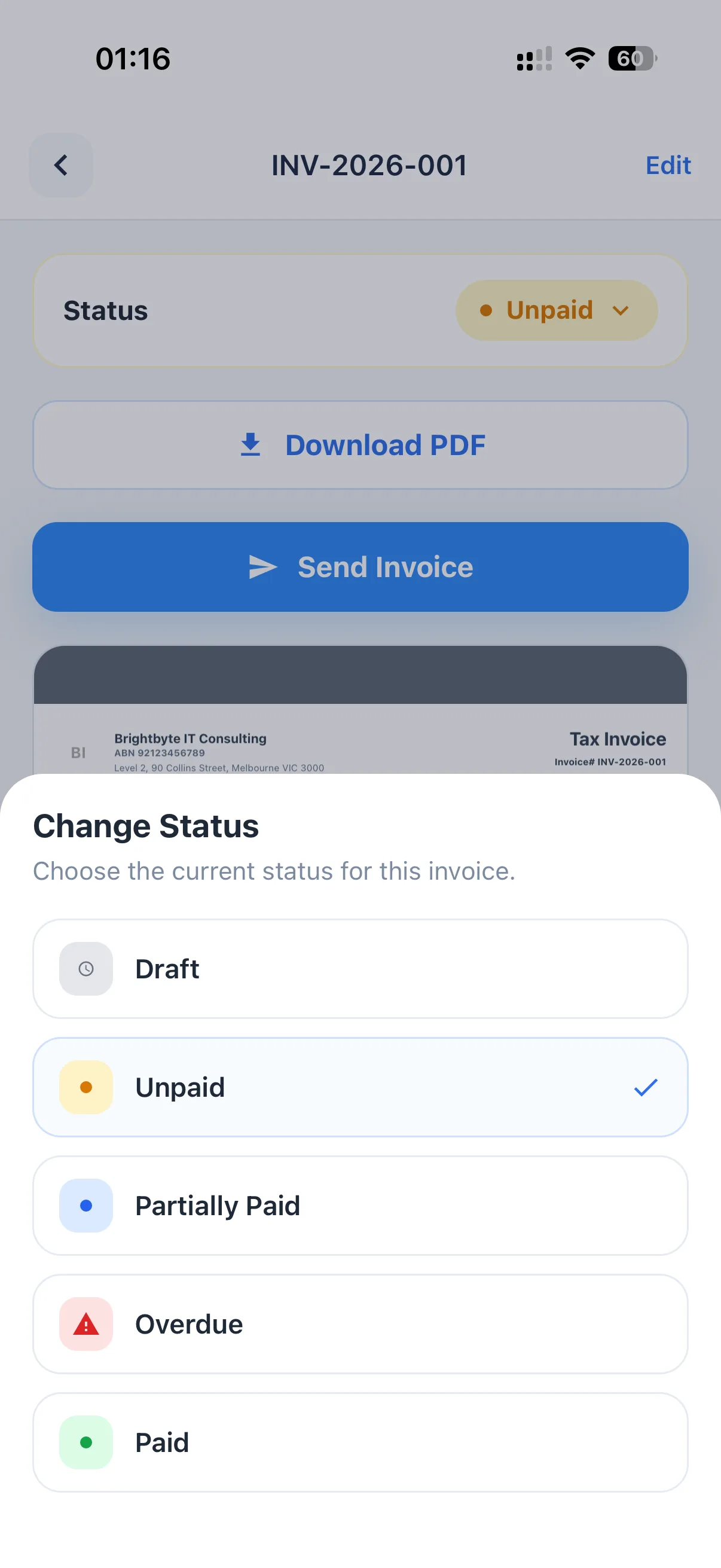 InvoiceMate invoice list showing draft, sent, paid and overdue invoice statuses